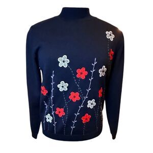 Alfred Dunner Mock Neck Black Sweater Flower Embroidery Small Packable